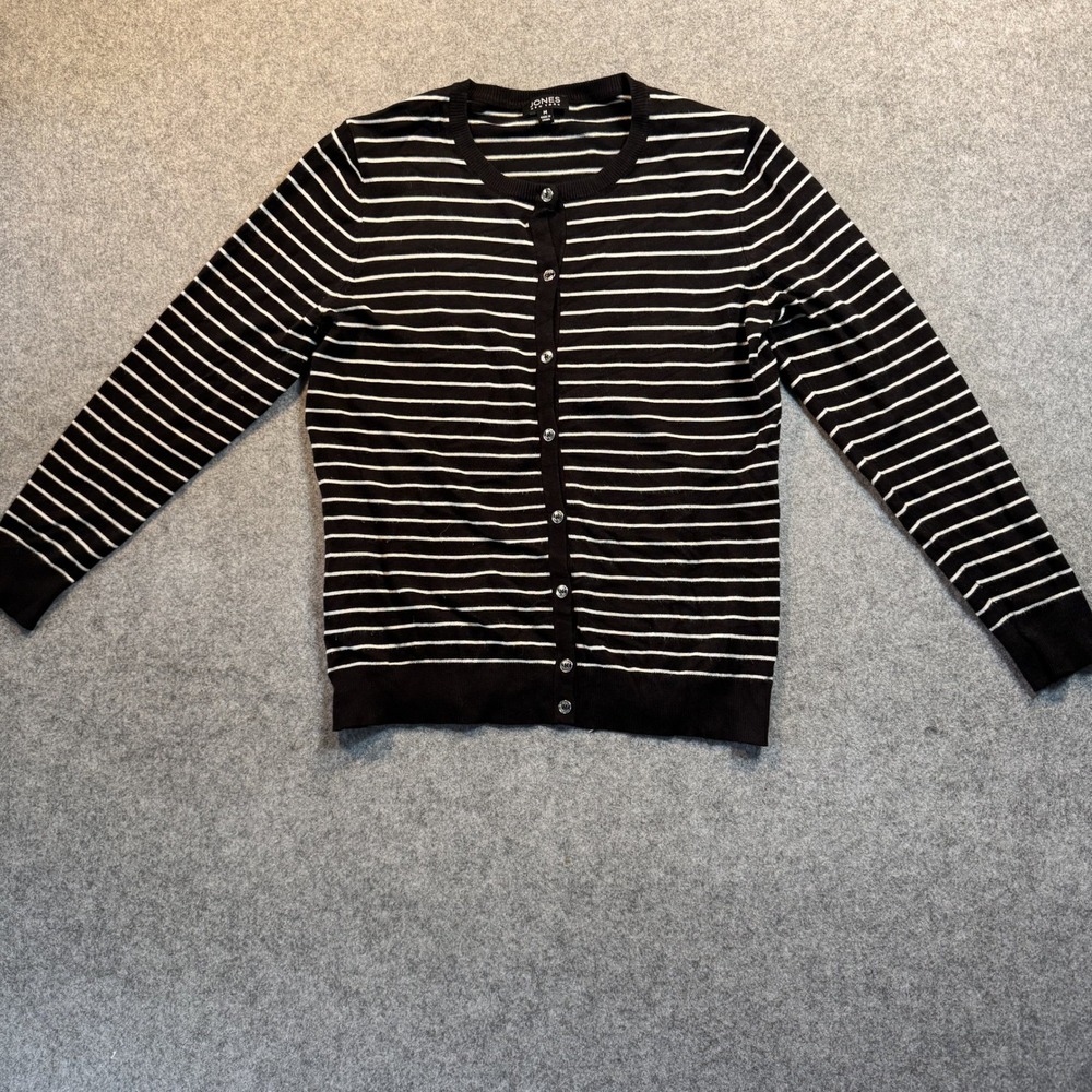 Jones New York Striped Cardigan Sweater Medium Black White Button Front Viscose
